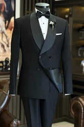 Abbott Trendy Black Shawl Collar Double Breasted Groom's Wedding Attire